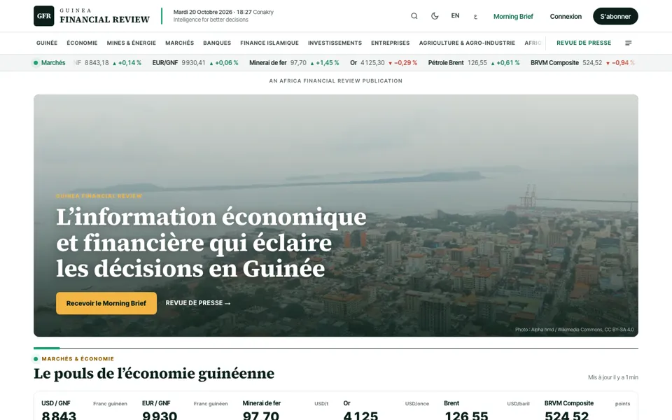 Page d’accueil de Guinea Financial Review : titre « L’information économique et financière qui éclaire les décisions en Guinée », bandeau des marchés et bouton Morning Brief.