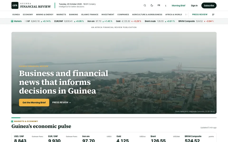Guinea Financial Review home page: headline, market ticker and Morning Brief button.