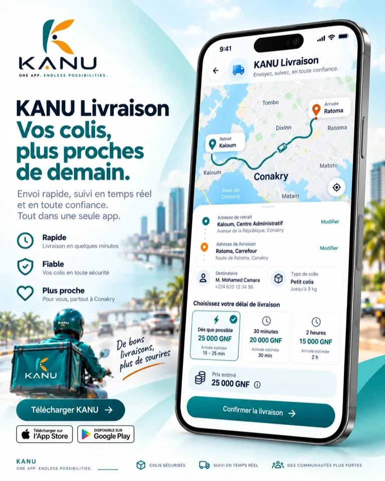 KANU Delivery screen: pickup address in Kaloum, delivery to Ratoma, choice of delivery time (as soon as possible, 30 minutes or 2 hours) with the estimated price, and a “Confirm delivery” button.