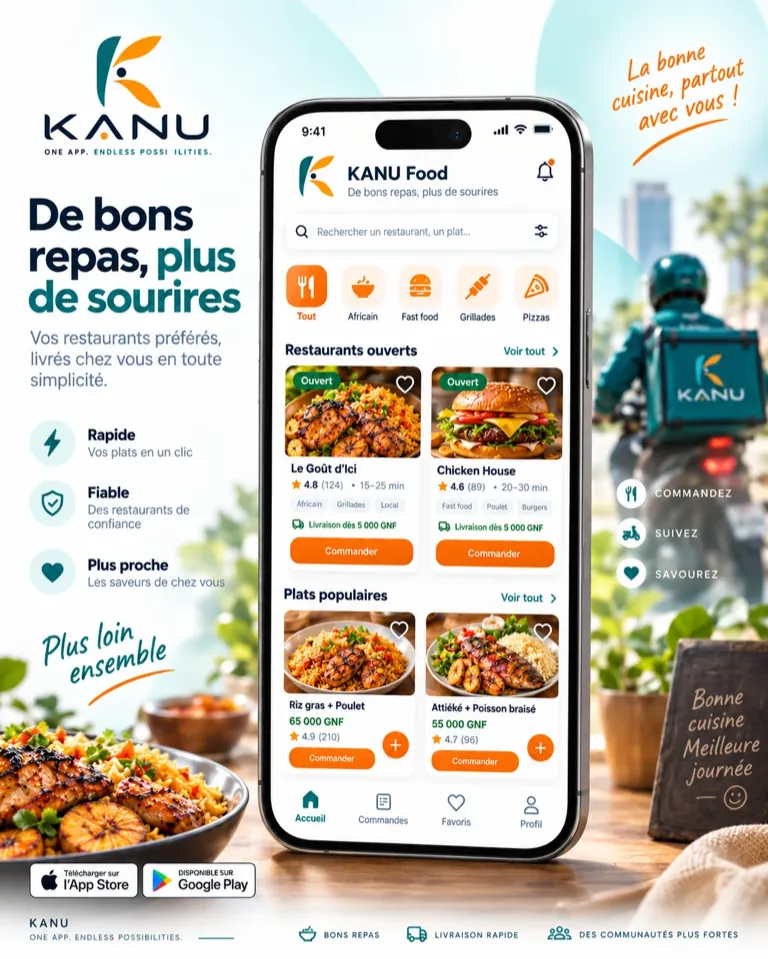 KANU Food screen: open restaurants, popular dishes with their prices in Guinean francs, and “Order” buttons.