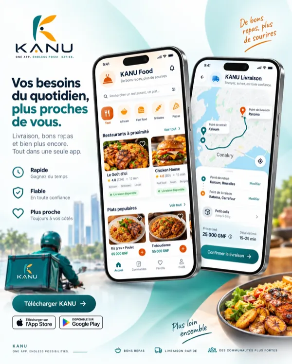 KANU poster: KANU Food and KANU Delivery screens, and a KANU courier in Conakry.