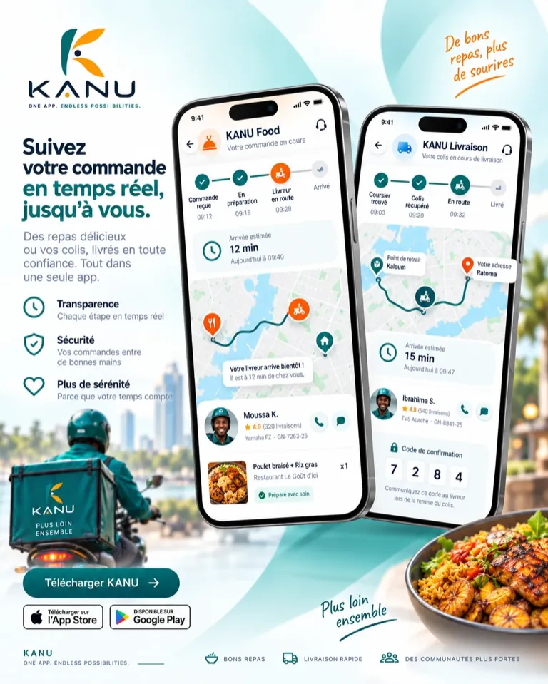 KANU tracking screens: order steps (received, in preparation, courier on the way), estimated arrival time, route map and confirmation code to give to the courier.